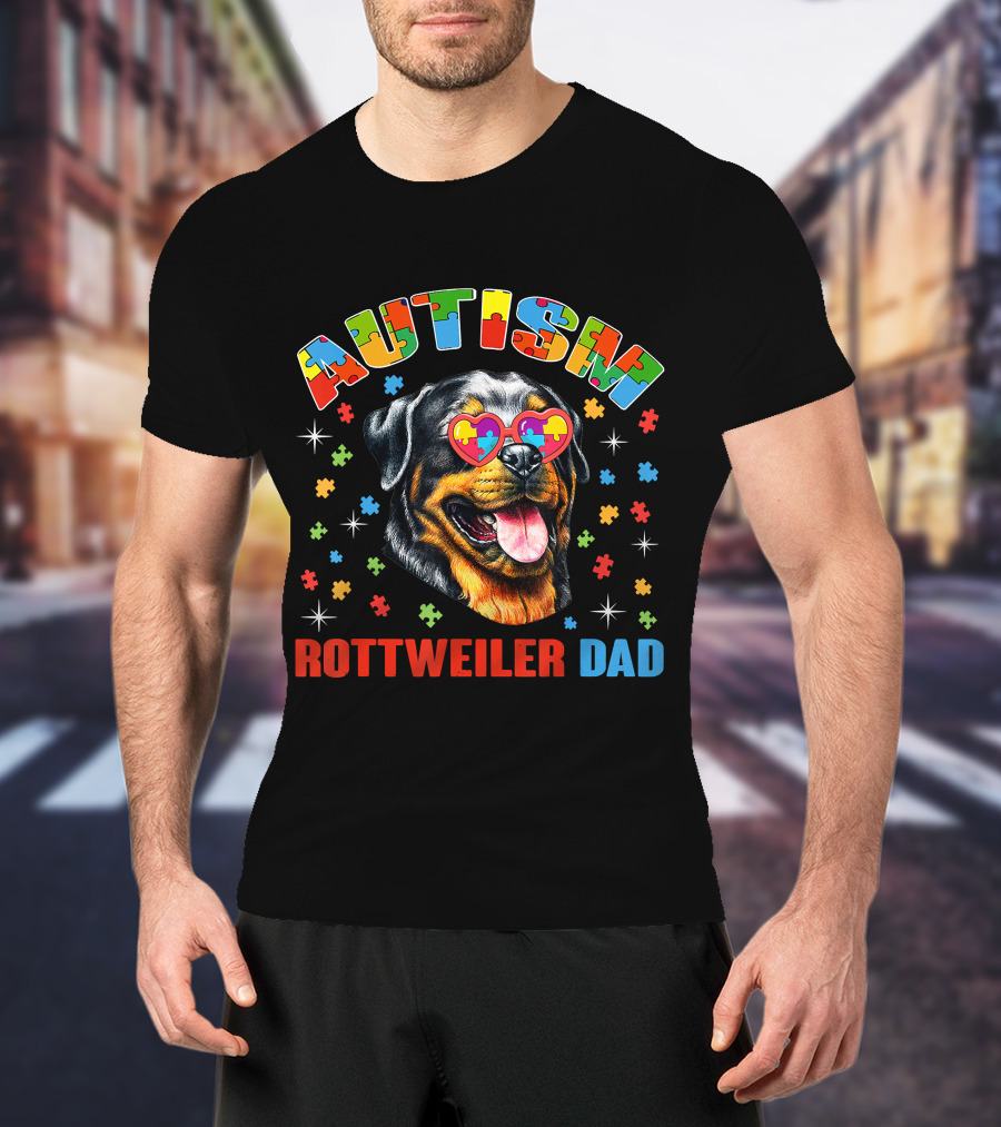 Autism Rottweiler Dad Colorful Puzzle Heart Sunglasses T-Shirt