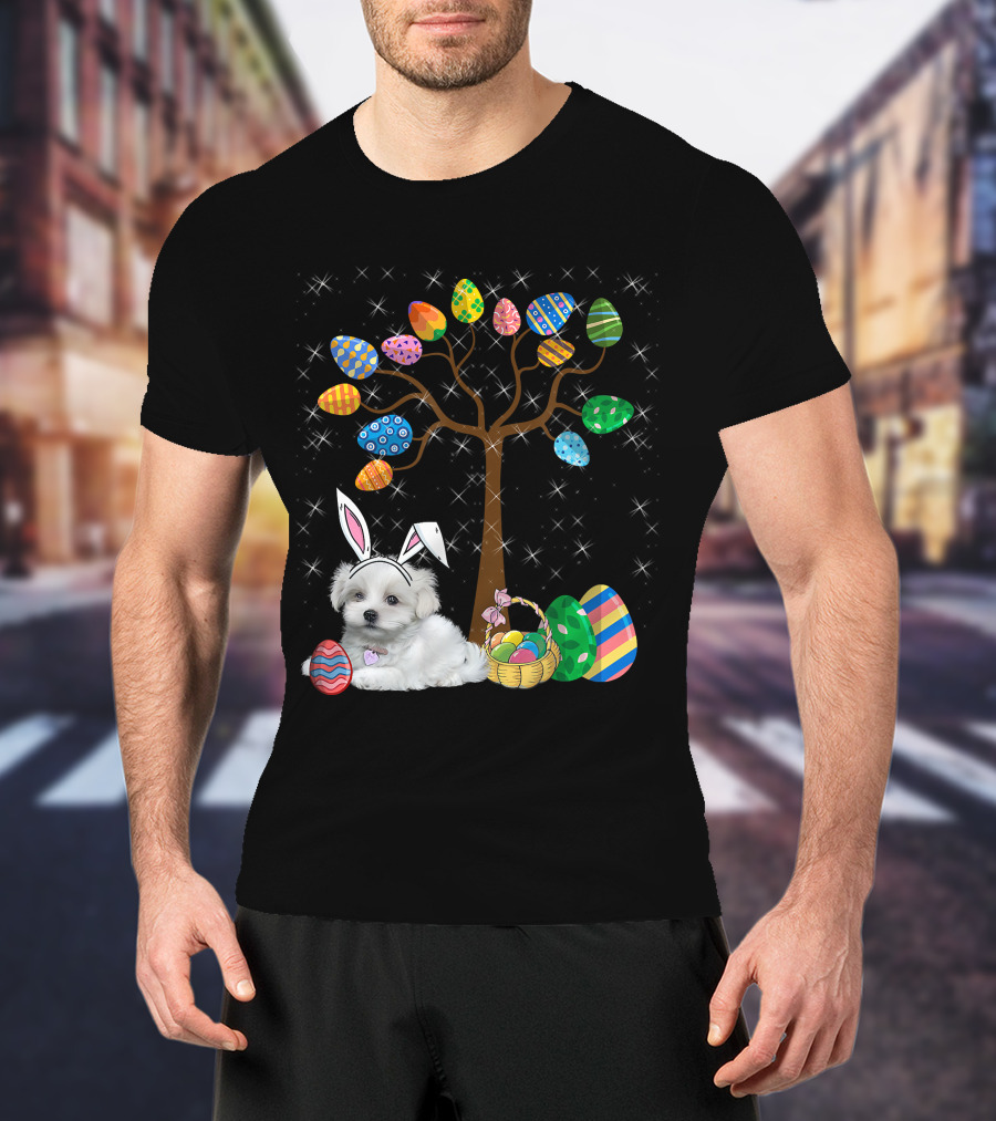 Maltese Dog With Bunny Ears Hunting Easter Eggs On Egg Tree T-Shirt