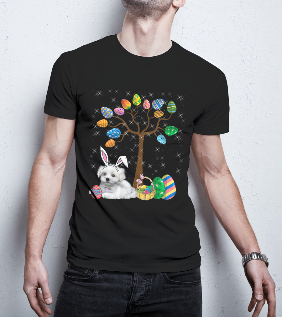 Maltese Dog With Bunny Ears Hunting Easter Eggs On Egg Tree T-Shirt