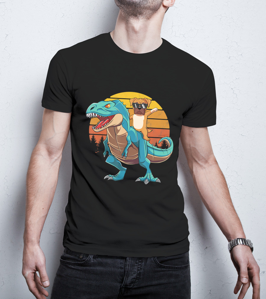 Boxer Dog With Sunglasses Riding Blue T-Rex Against Sunset Background T-Shirt