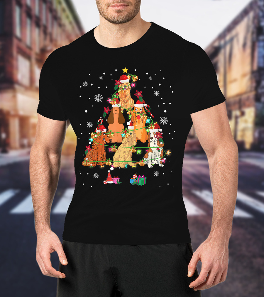 Cocker Spaniel Christmas Tree With Santa Hats And Snowflakes T-Shirt