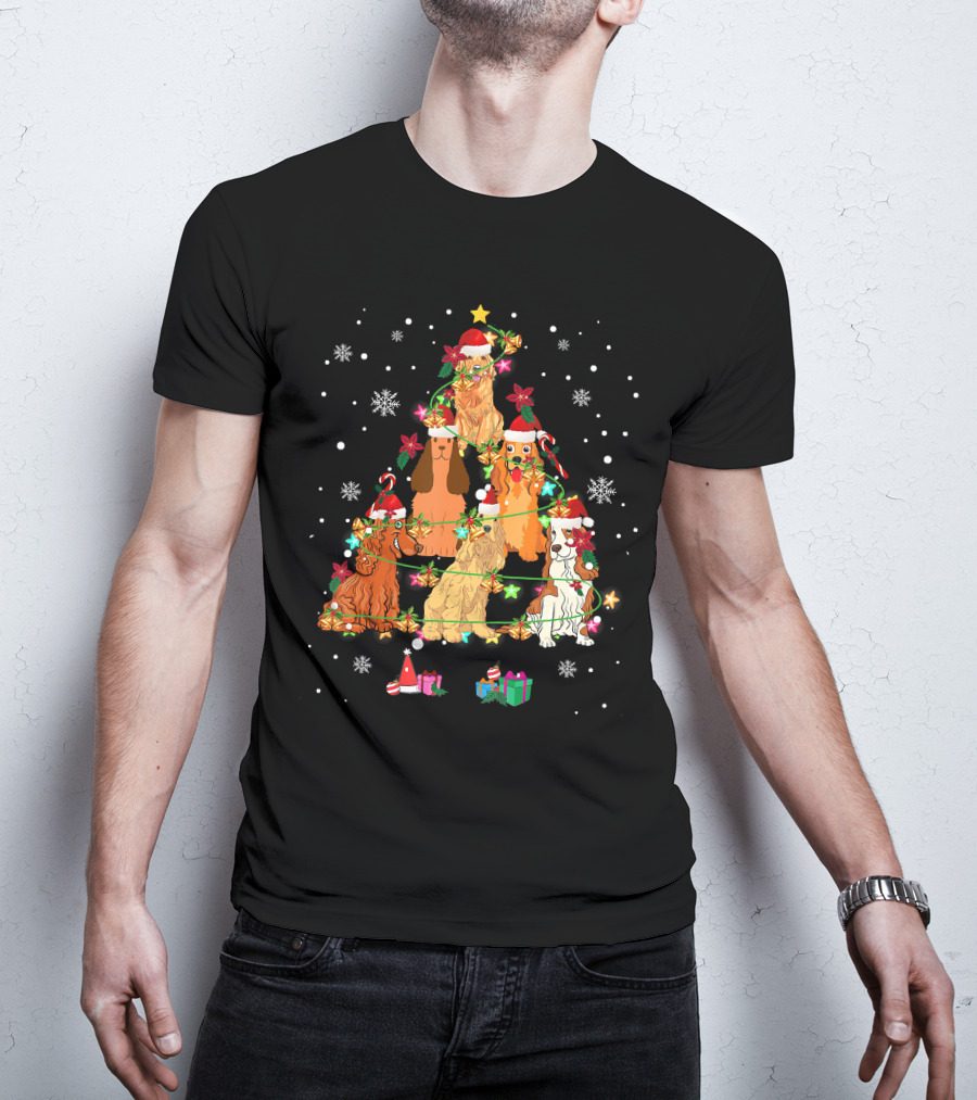 Cocker Spaniel Christmas Tree With Santa Hats And Snowflakes T-Shirt