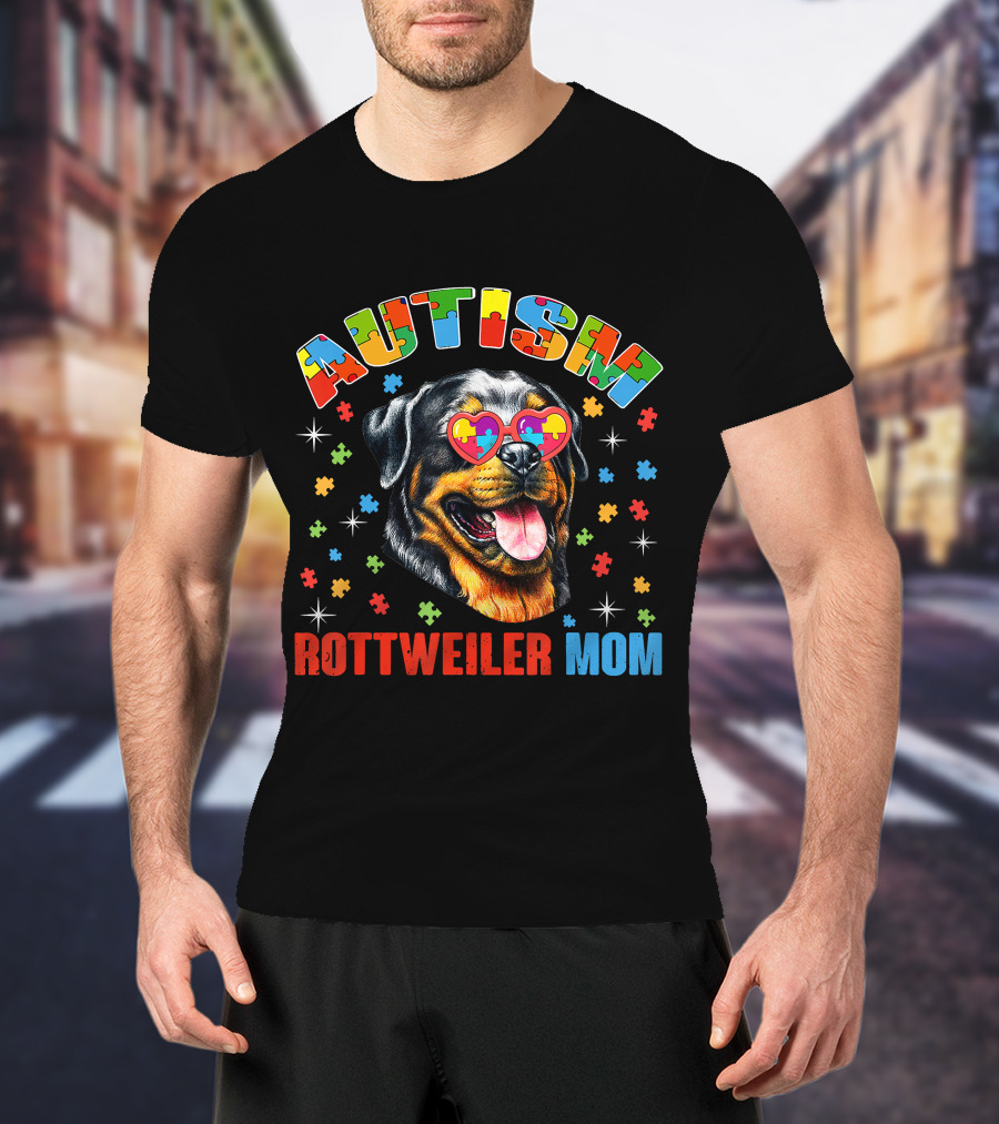 Rottweiler Mom Autism Awareness Puzzle Heart Glasses T-Shirt