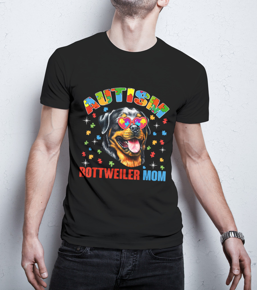 Rottweiler Mom Autism Awareness Puzzle Heart Glasses T-Shirt
