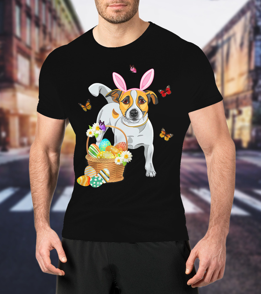 Cutes Jack Russell Bunny Ear With Butterflies And Easter Eggs In Basket T-Shirt