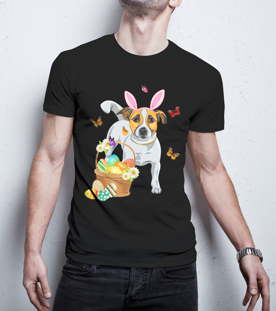 Cutes Jack Russell Bunny Ear With Butterflies And Easter Eggs In Basket T-Shirt