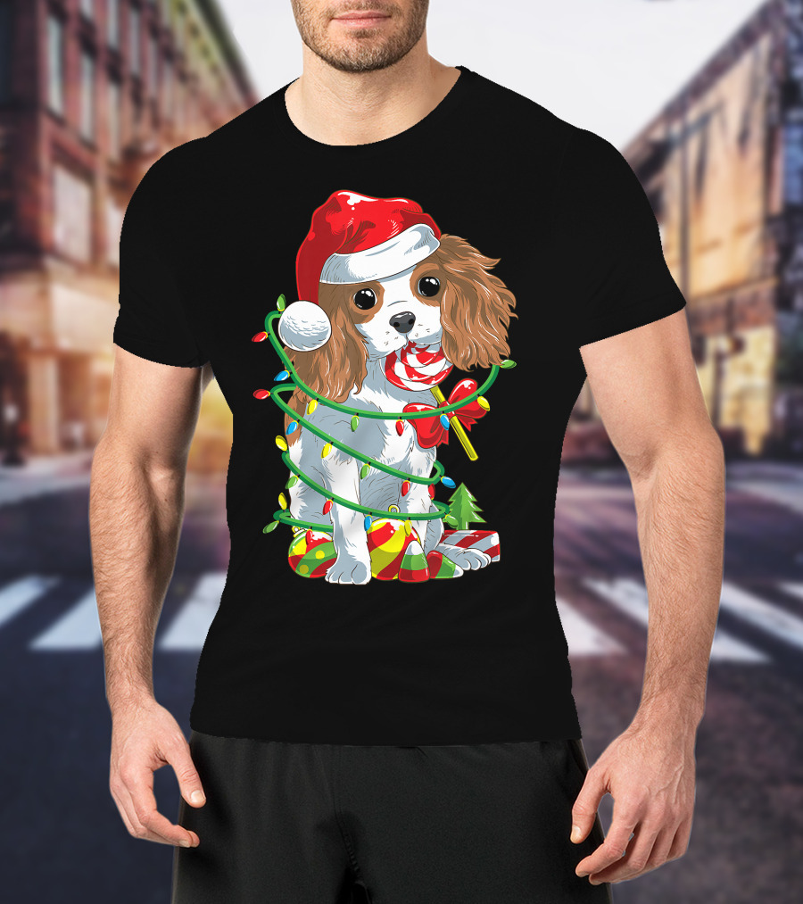 Cute Cavalier King Charles Spaniel Dog In Santa Hat With Christmas Lights And Candy Cane T-Shirt