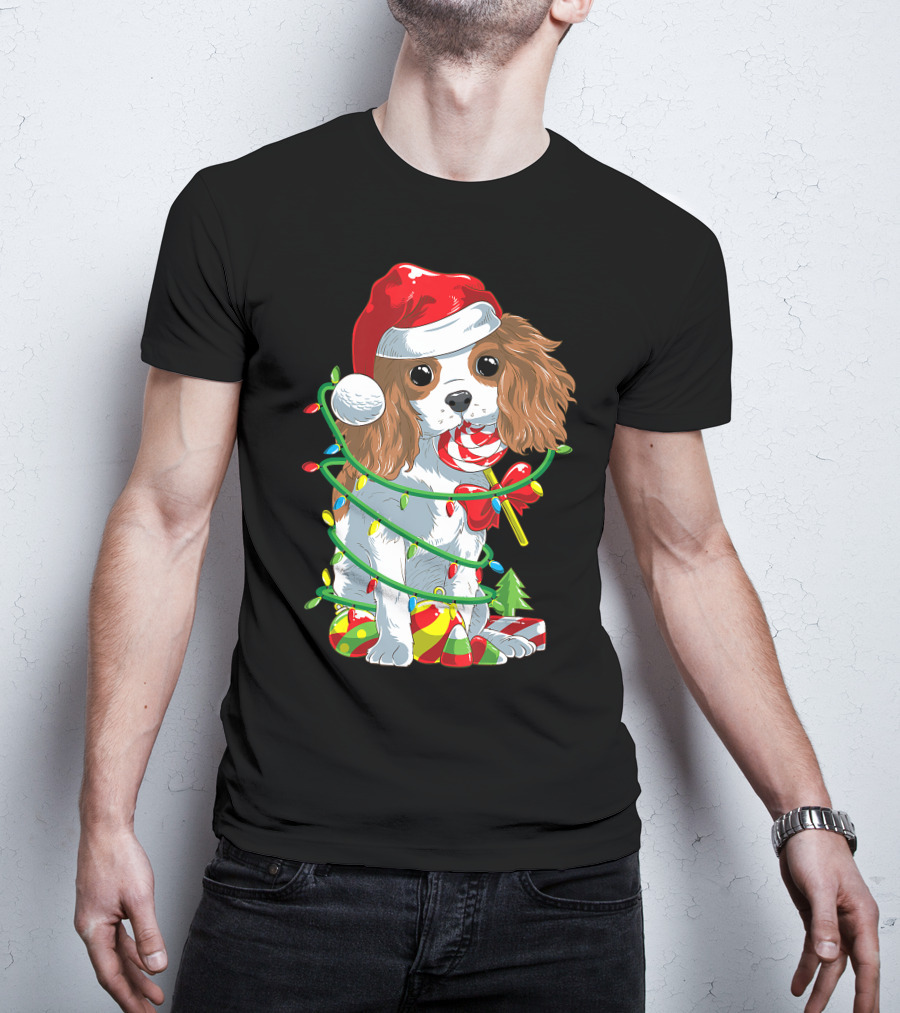 Cute Cavalier King Charles Spaniel Dog In Santa Hat With Christmas Lights And Candy Cane T-Shirt