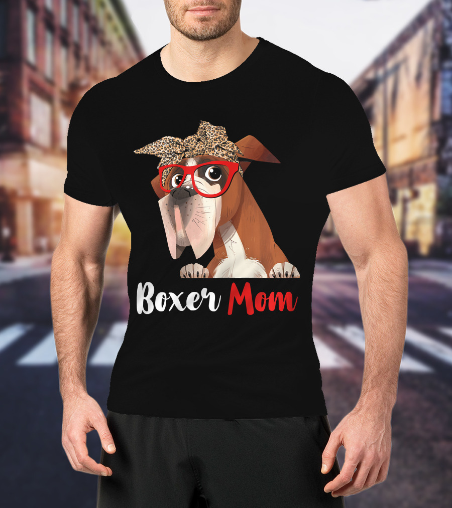 Boxer Mom With Red Glasses And Leopard Headband For Dog Lovers T-Shirt