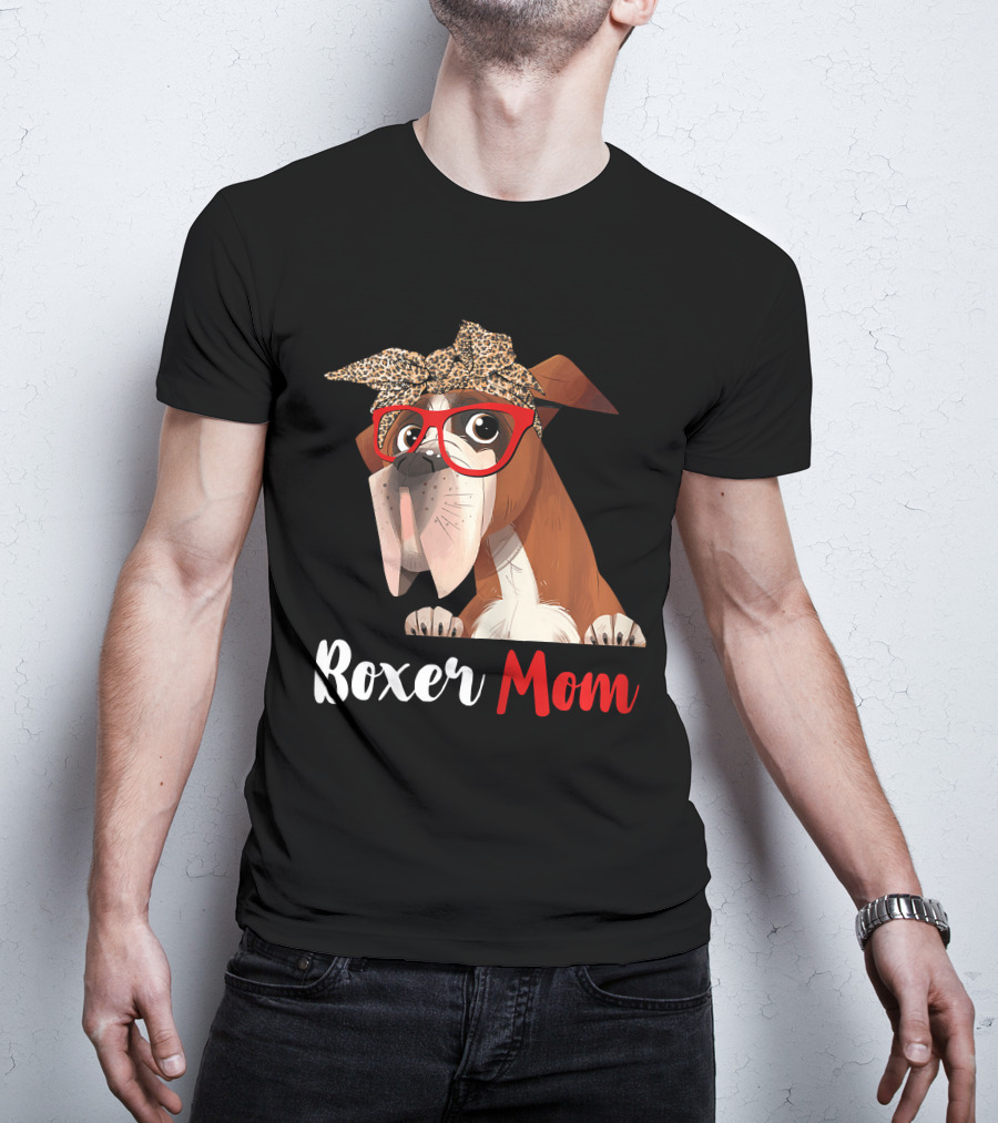 Boxer Mom With Red Glasses And Leopard Headband For Dog Lovers T-Shirt