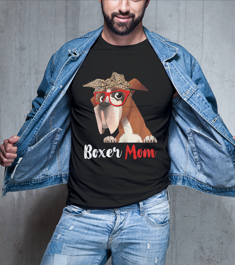 Boxer Mom With Red Glasses And Leopard Headband For Dog Lovers T-Shirt