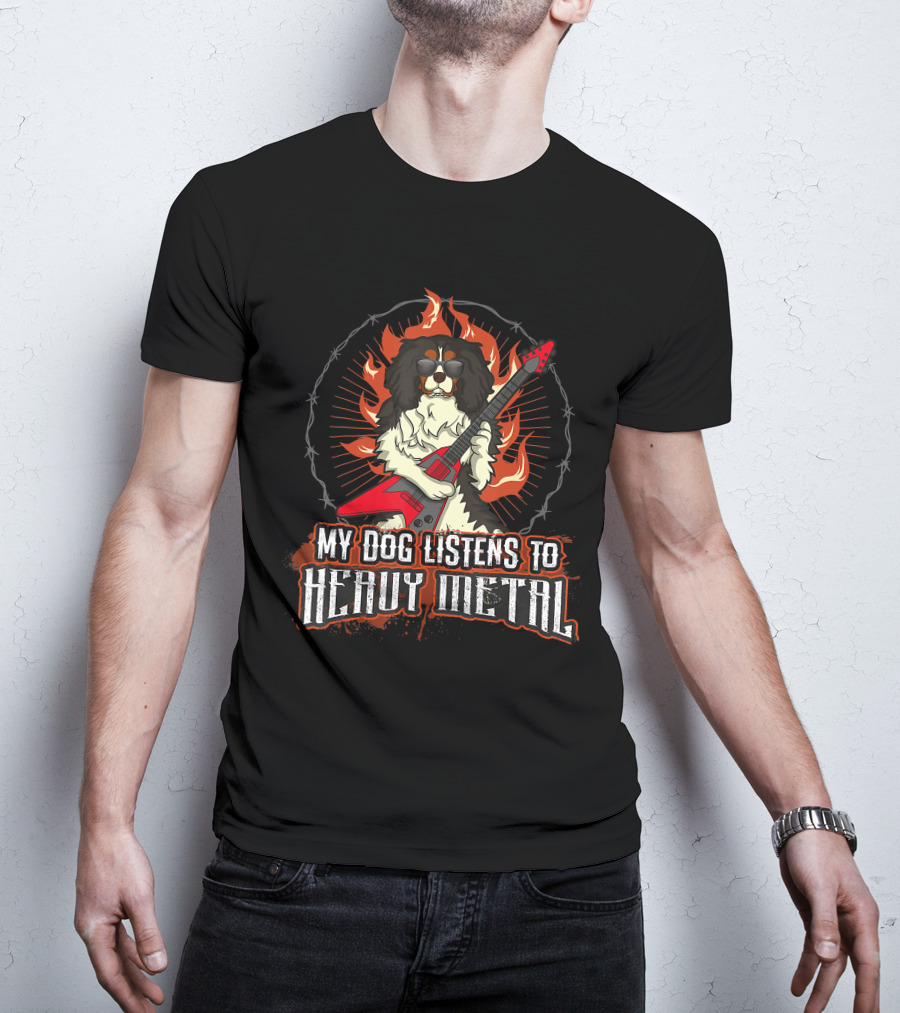 My Dog Listens To Heavy Metal Cavalier King Charles Spaniel Guitar Flames T-Shirt
