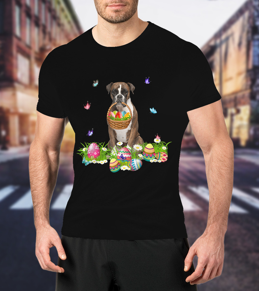 Boxer Dog Holding Easter Eggs Basket Surrounded By Butterflies And Flowers T-Shirt