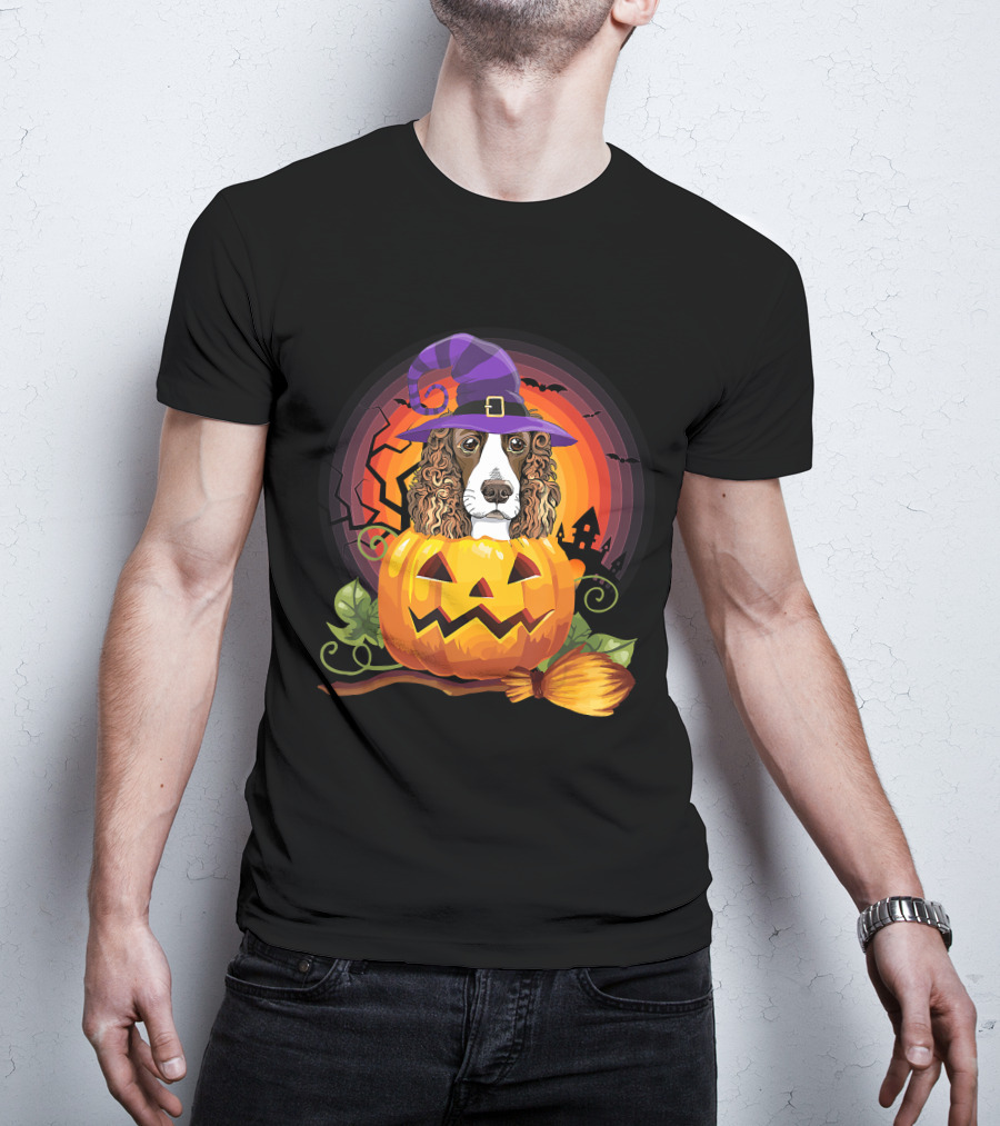 Dog Lover English Cocker Spaniel Witch Pumpkin Halloween Scene T-Shirt