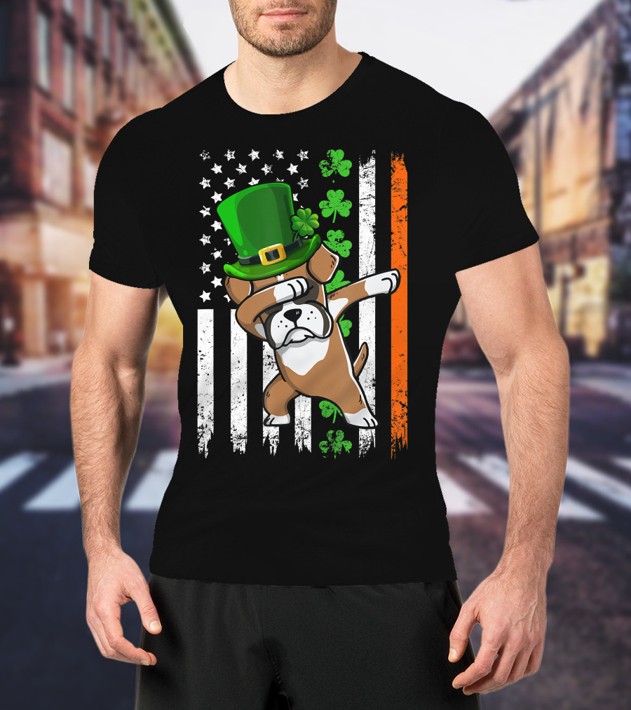 Dabbing Boxer Dog Leprechaun Hat American Irish Flag T-Shirt