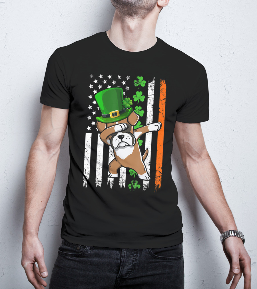 Dabbing Boxer Dog Leprechaun Hat American Irish Flag T-Shirt