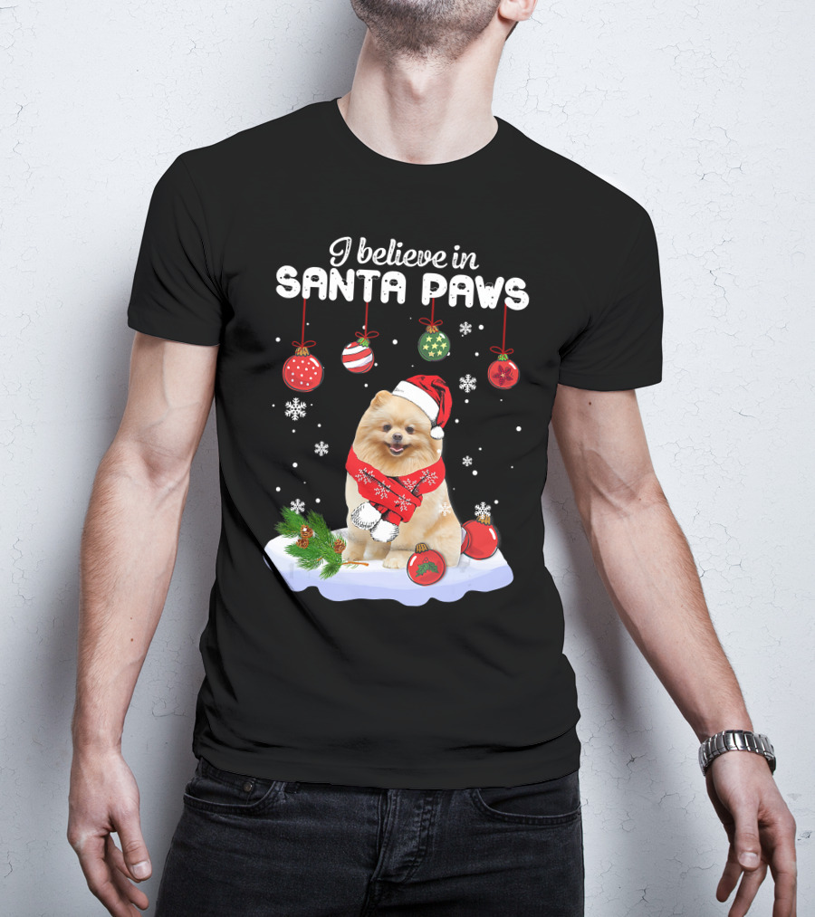 I Believe In Santa Paws Pomeranian Festive Christmas Ornaments Snowflakes T-Shirt