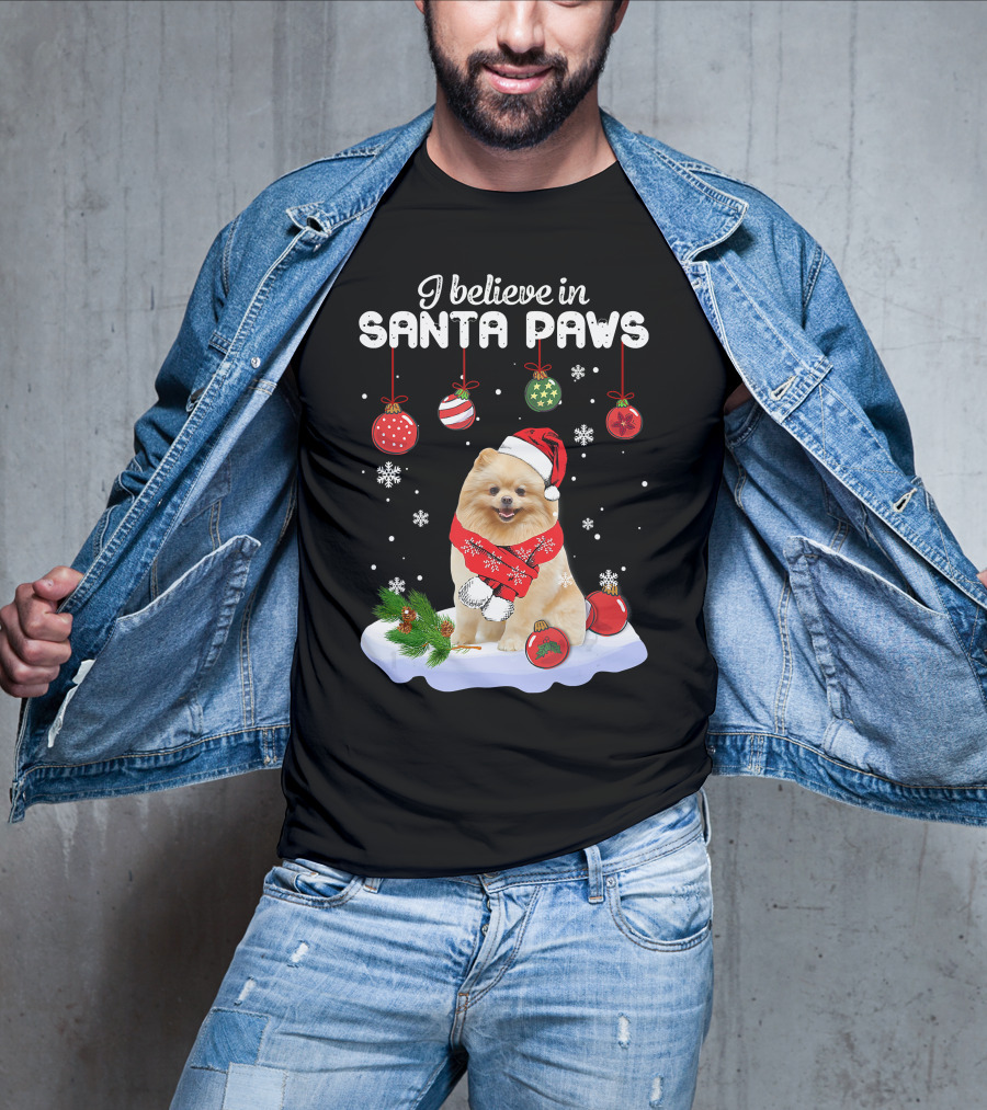 I Believe In Santa Paws Pomeranian Festive Christmas Ornaments Snowflakes T-Shirt