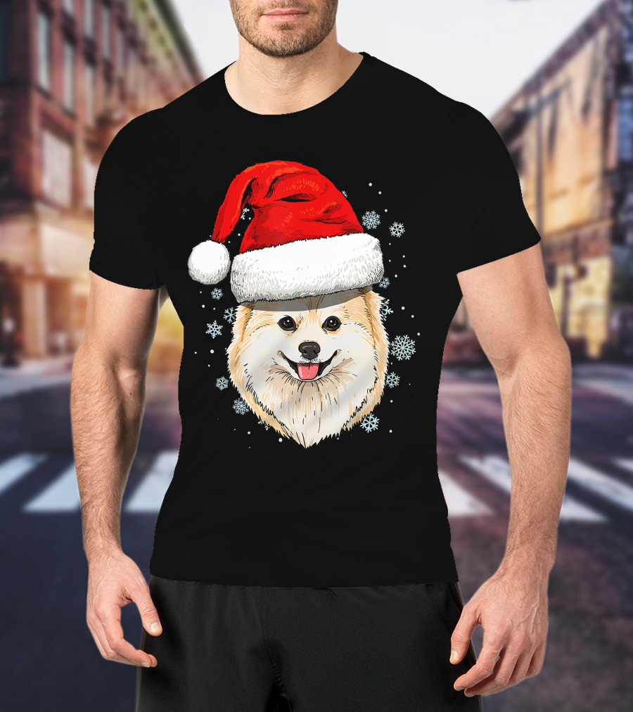 Pomeranian Santa Hat Snowflakes Christmas T-Shirt