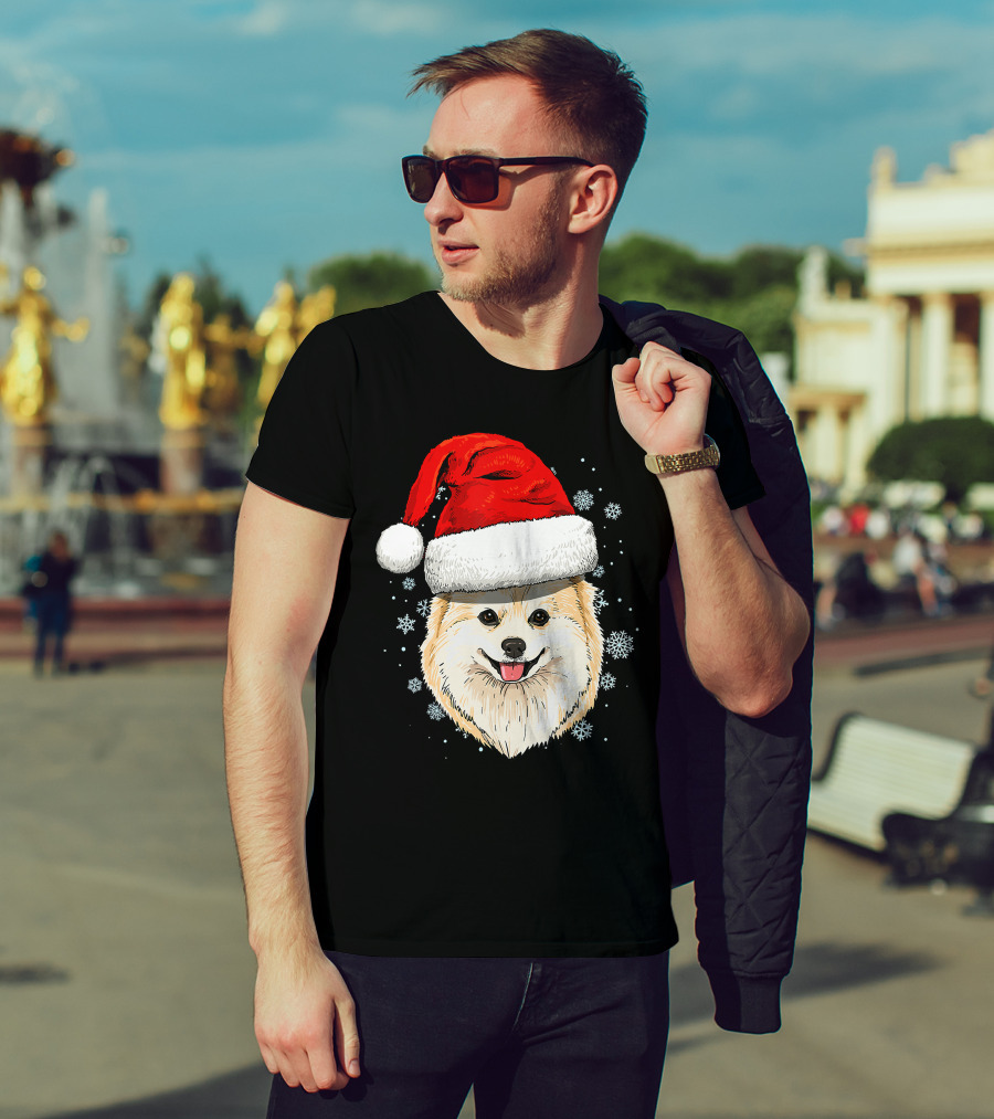 Pomeranian Santa Hat Snowflakes Christmas T-Shirt