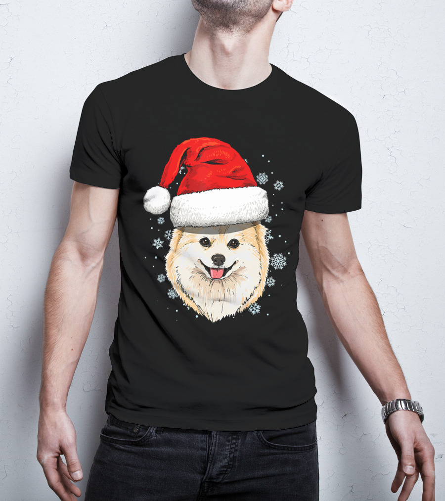 Pomeranian Santa Hat Snowflakes Christmas T-Shirt