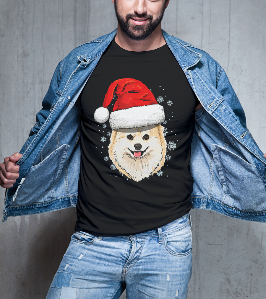 Pomeranian Santa Hat Snowflakes Christmas T-Shirt