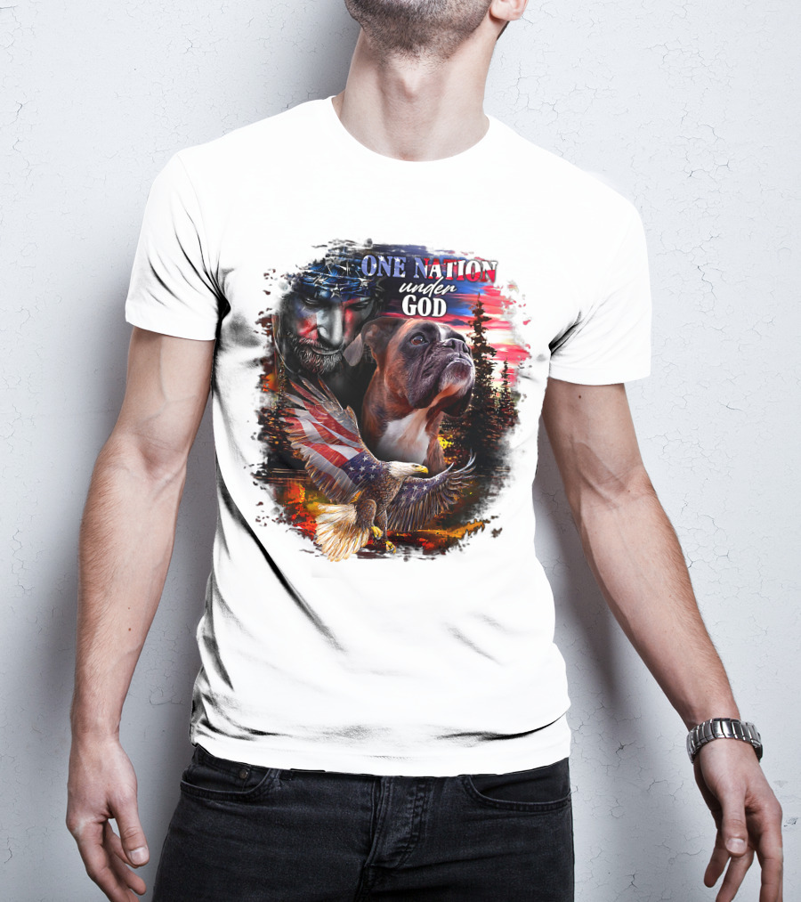 One Nation Under God Boxer With American Eagle And Flag Iconography T-Shirt