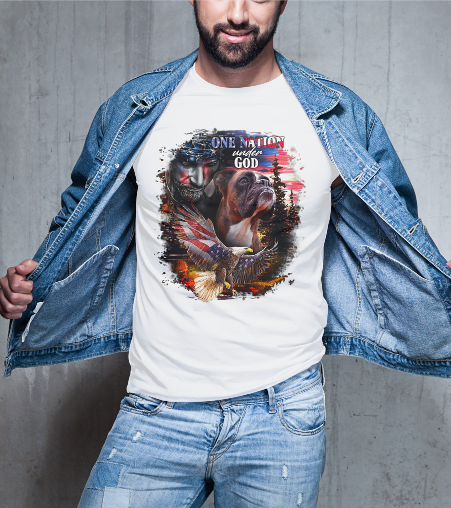 One Nation Under God Boxer With American Eagle And Flag Iconography T-Shirt