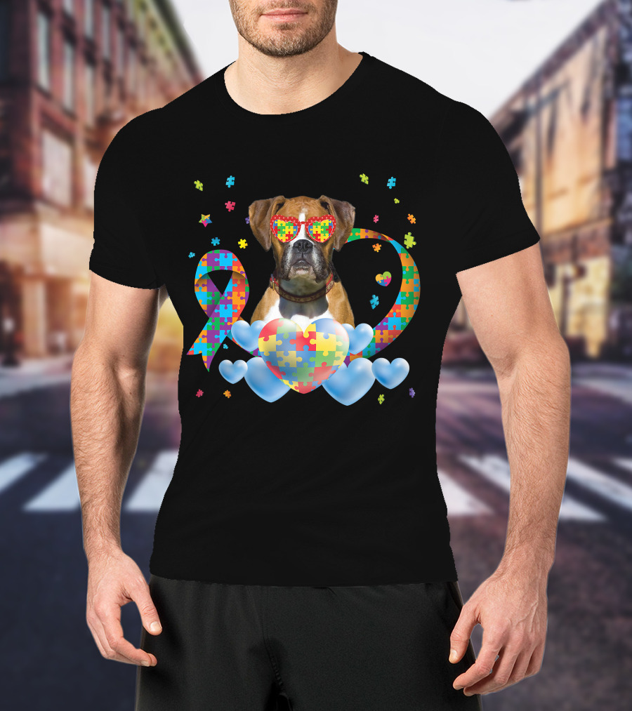 Boxer Dog Autism Awareness Heart Puzzle Ribbon Rainbow T-Shirt