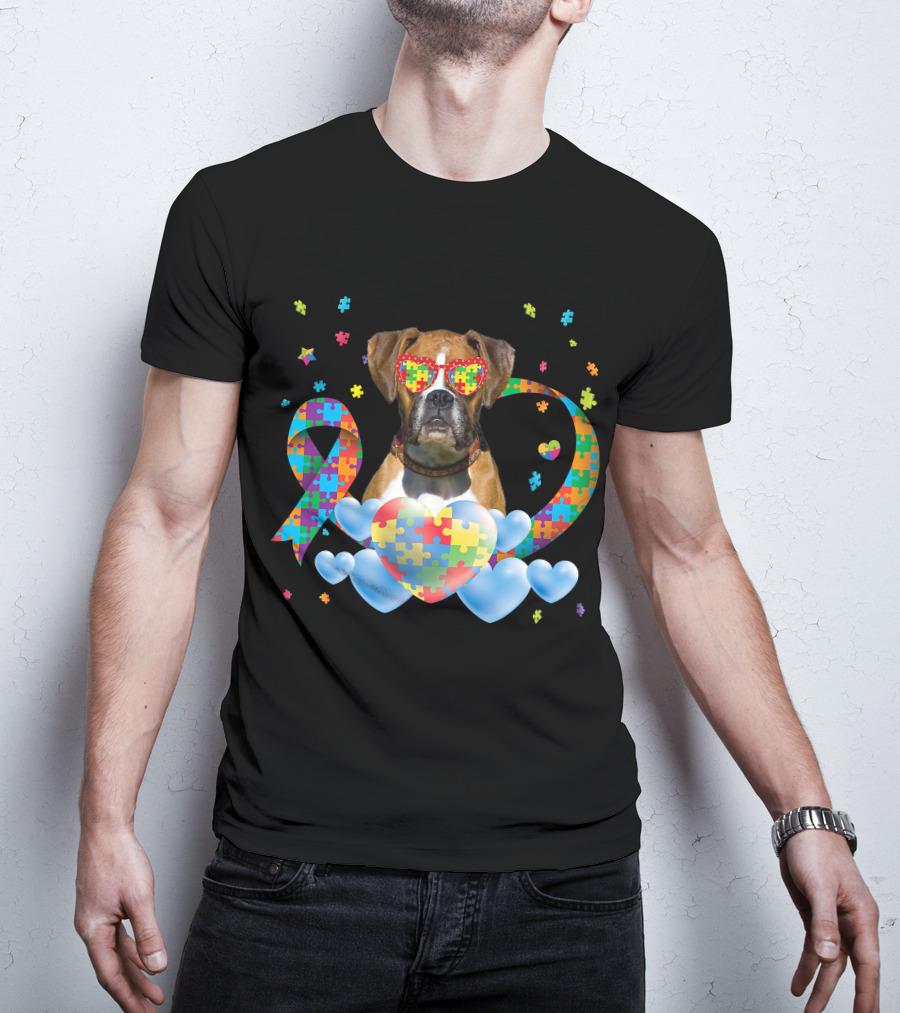 Boxer Dog Autism Awareness Heart Puzzle Ribbon Rainbow T-Shirt