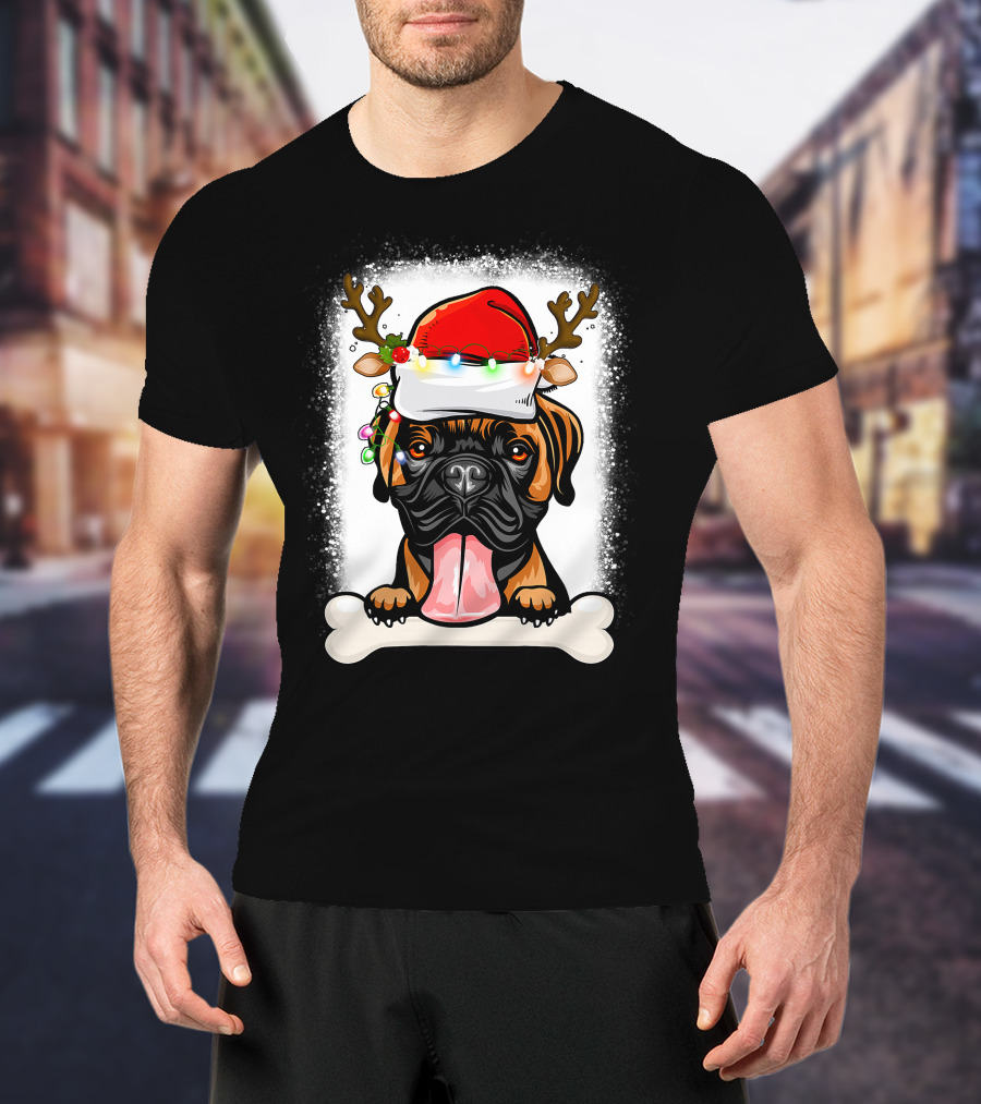 Boxer Dog With Santa Hat And Antlers Holding A Bone With Christmas Lights T-Shirt