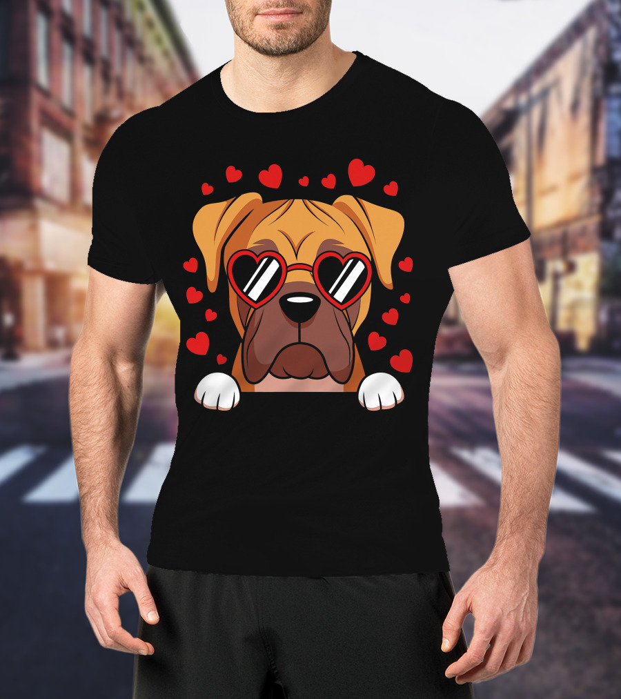 Boxer Dog Face With Red Heart Glasses Surrounded By Floating Hearts T-Shirt