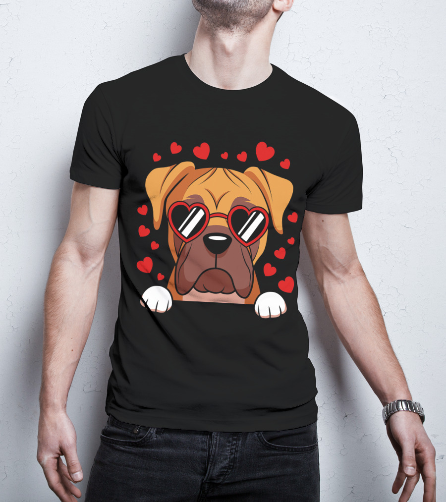 Boxer Dog Face With Red Heart Glasses Surrounded By Floating Hearts T-Shirt