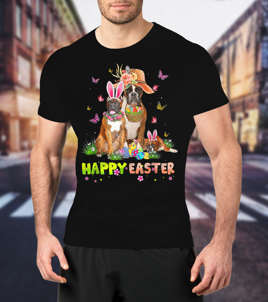 Happy Easter Boxer Dogs Bunny Ears Eggs And Butterflies T-Shirt
