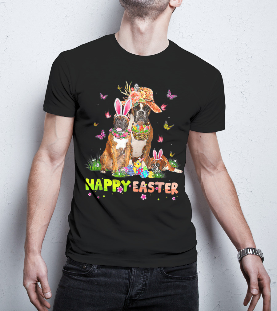 Happy Easter Boxer Dogs Bunny Ears Eggs And Butterflies T-Shirt