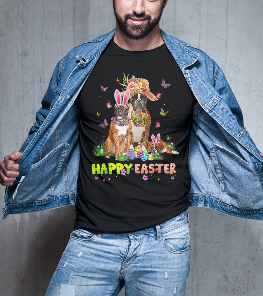 Happy Easter Boxer Dogs Bunny Ears Eggs And Butterflies T-Shirt