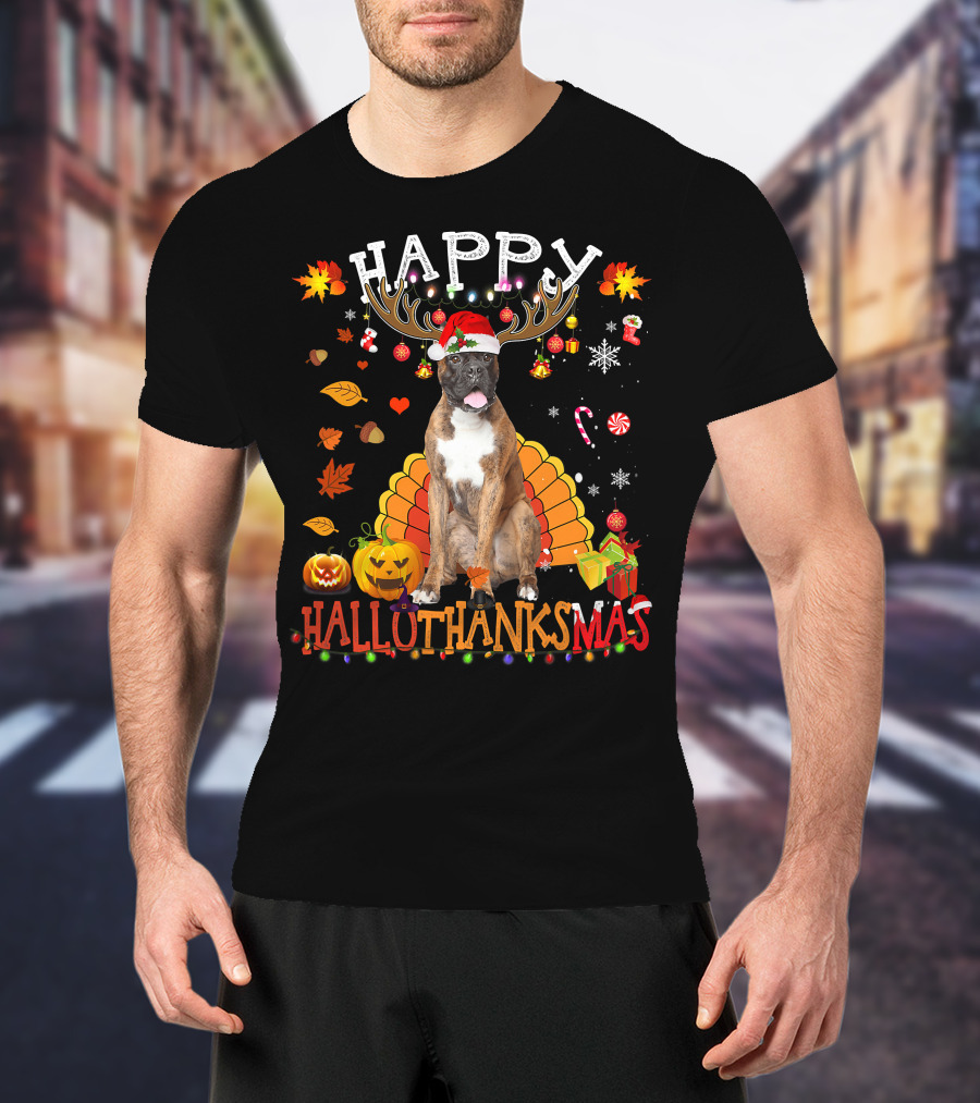Happy Hallothanksmas Boxer Dog Halloween Turkey Christmas Lights T-Shirt