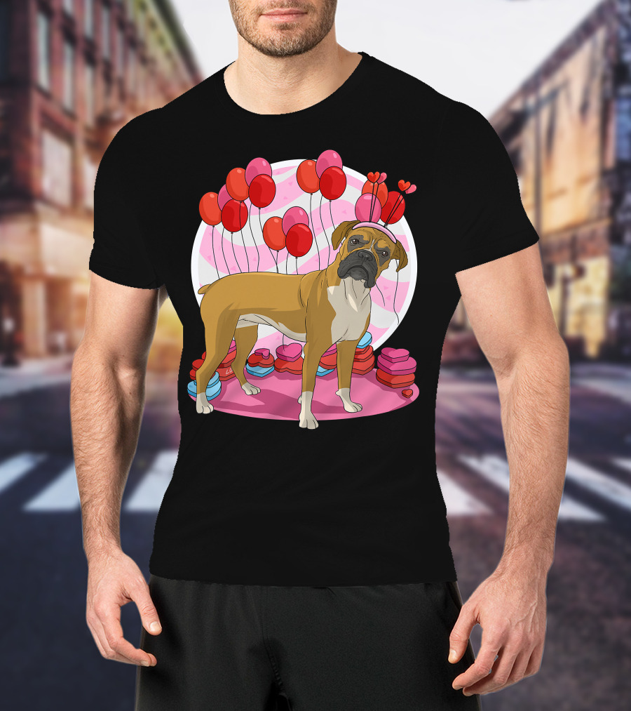 Boxer Dog With Heart Antlers And Balloons Valentine Decor T-Shirt