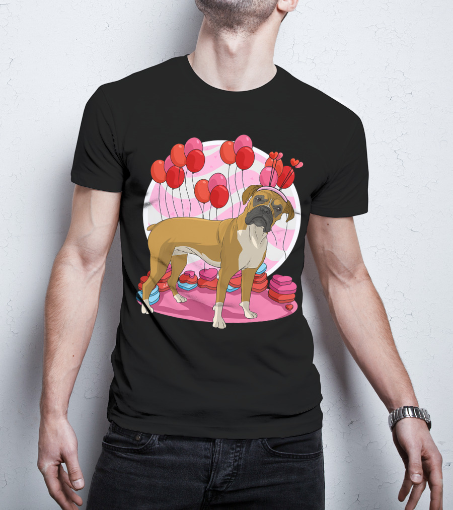Boxer Dog With Heart Antlers And Balloons Valentine Decor T-Shirt