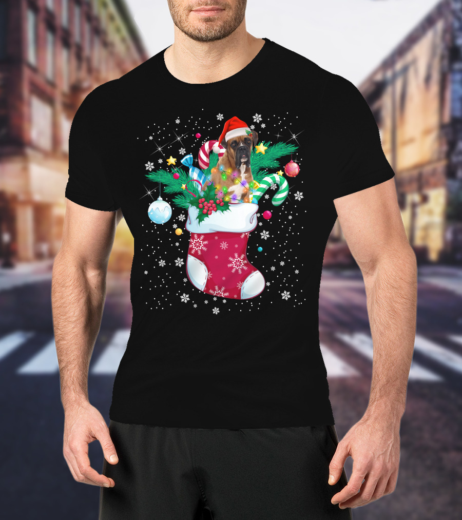 Boxer Dog In Santa Hat With Candy Canes In Christmas Stocking T-Shirt