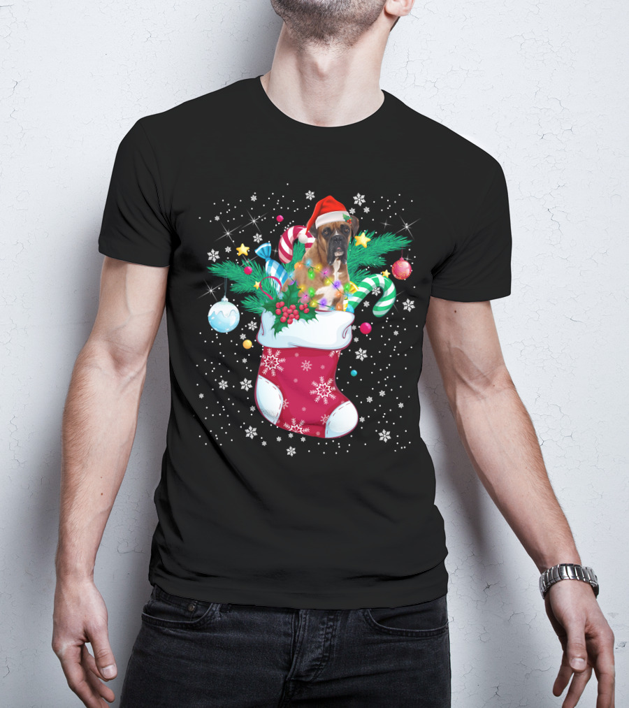 Boxer Dog In Santa Hat With Candy Canes In Christmas Stocking T-Shirt