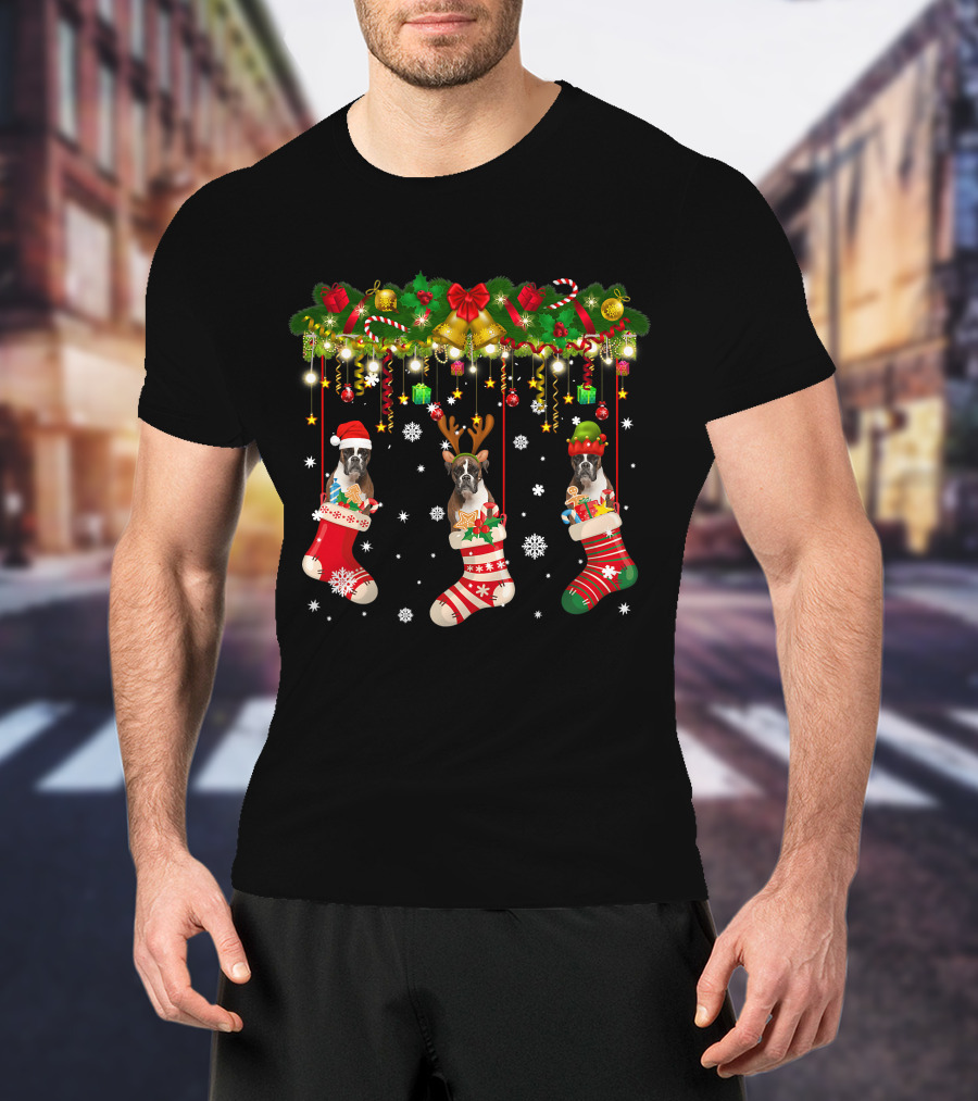 Boxer Dog In Christmas Stocking Santa Hat Reindeer Antlers Santa EL T-Shirt