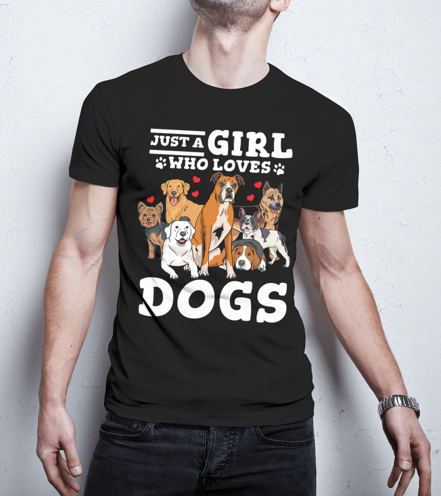 Just A Girl Who Loves Dogs With Boxer And Heart Paw Prints T-Shirt