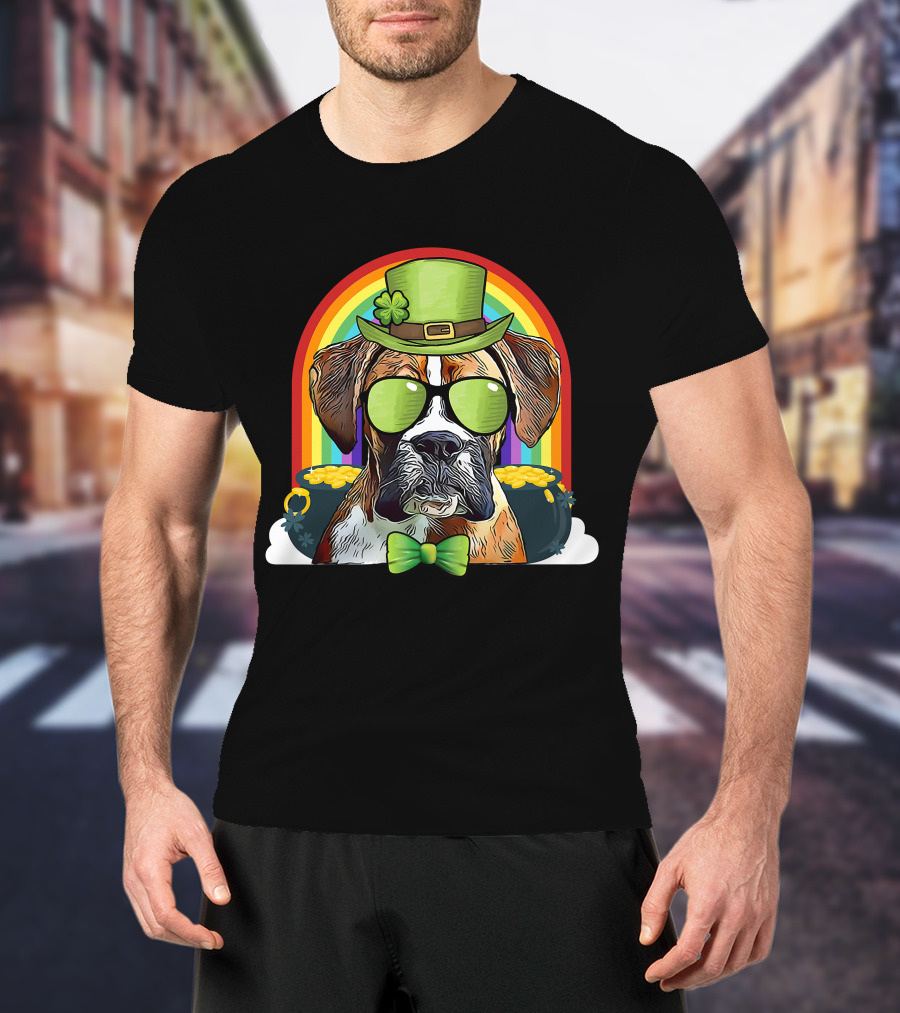 Boxer Dog Leprechaun Funny St Patricks Rainbow Hat Bow Tie Shamrocks T-Shirt