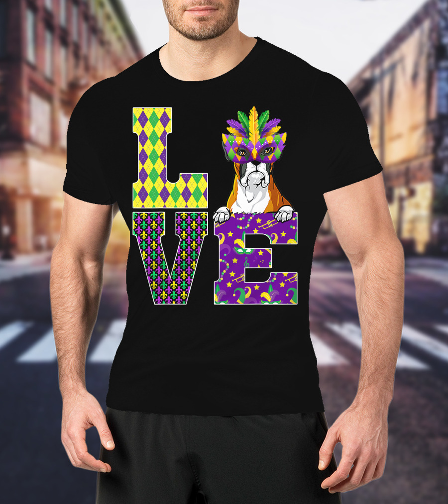 Boxer Dog Lover Mardi Gras Costume Mask Fleur De Lis Pattern Love T-Shirt
