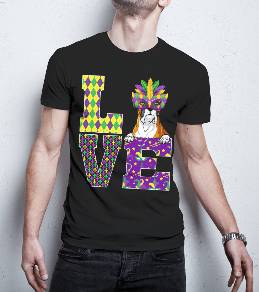 Boxer Dog Lover Mardi Gras Costume Mask Fleur De Lis Pattern Love T-Shirt