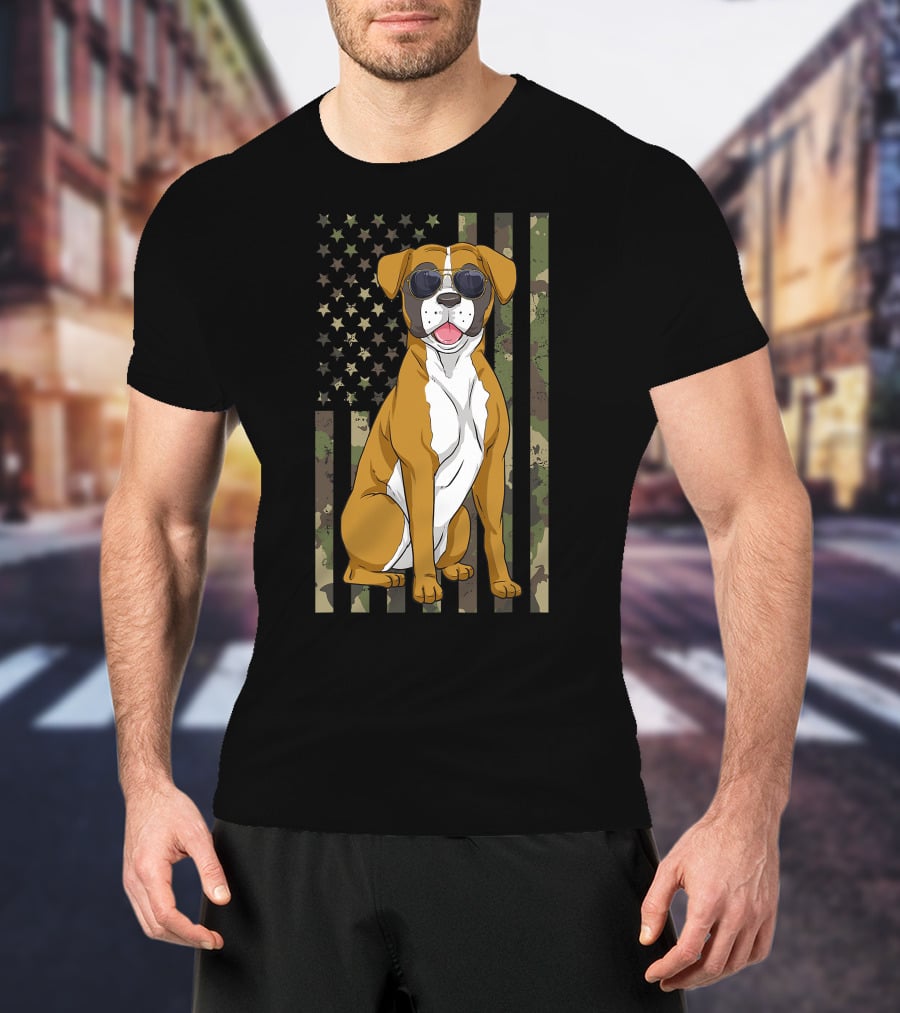 Boxer Dog Men Women Boxer Dad Mom Camo USA Flag Sunglasses T-Shirt