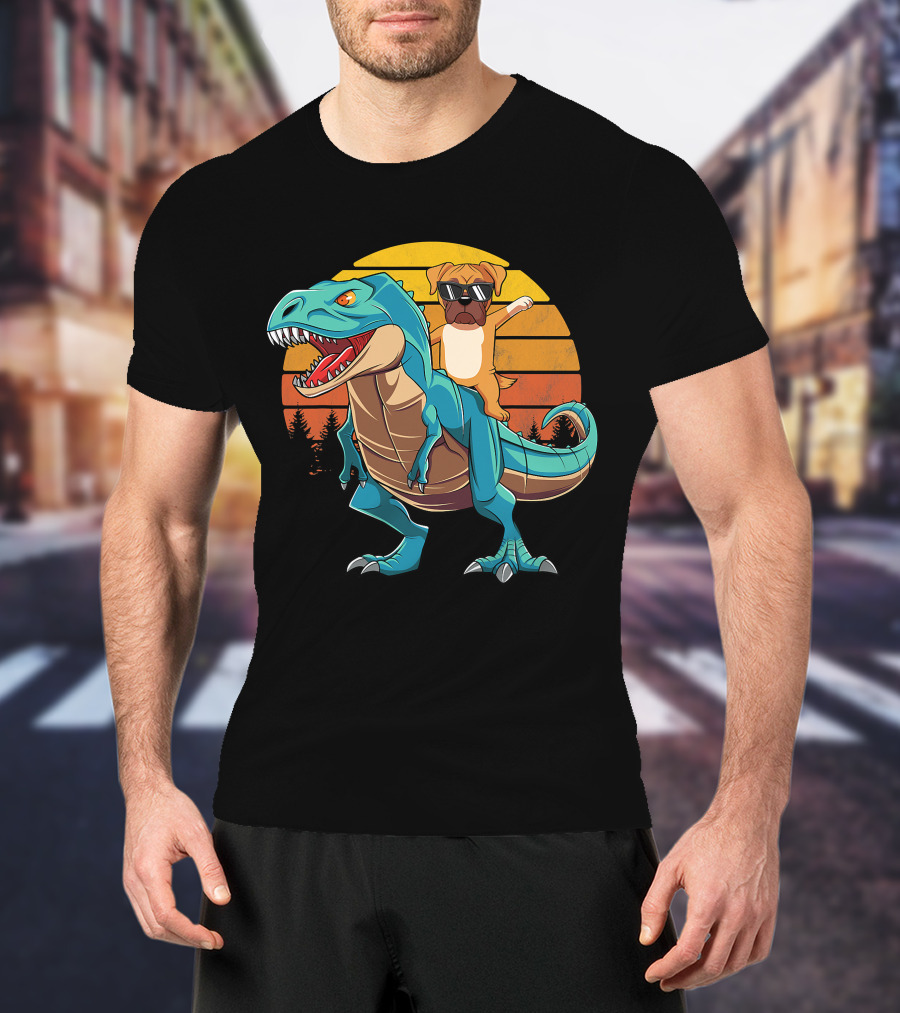 Boxer Dog Riding Dinosaur Rex Boys Girl Sunglasses Sunset T-Shirt