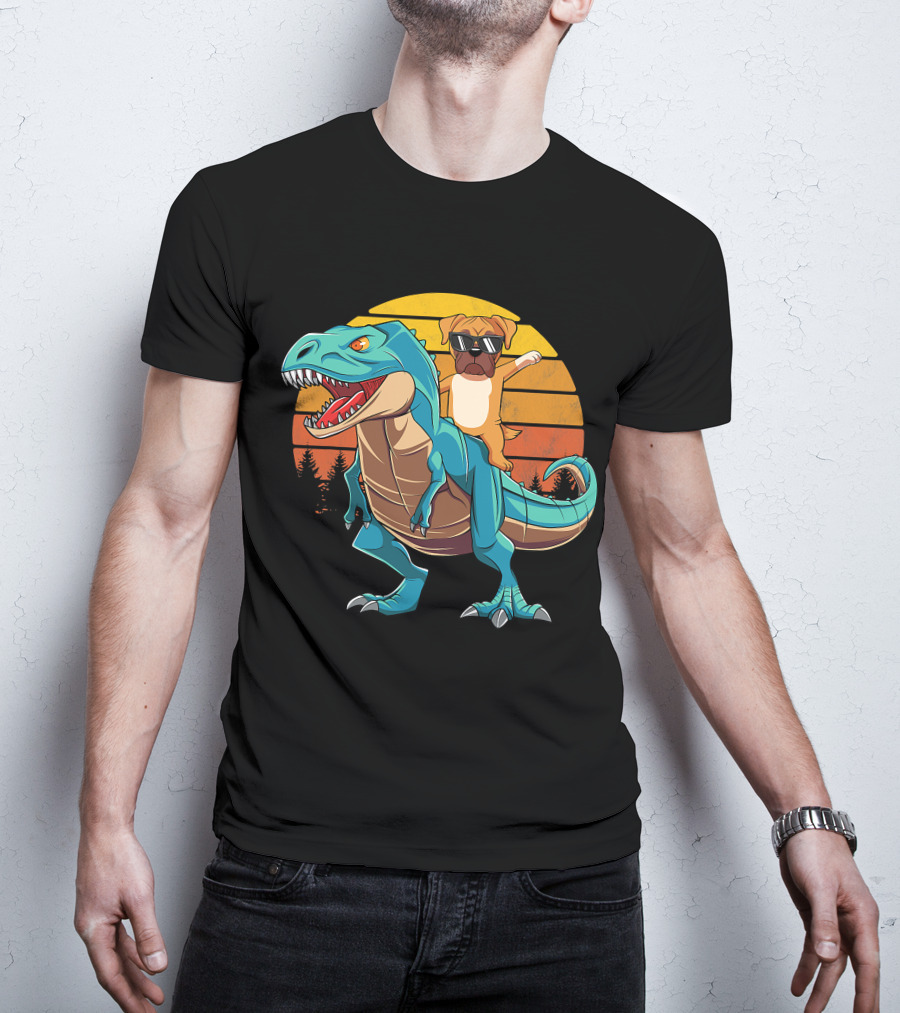 Boxer Dog Riding Dinosaur Rex Boys Girl Sunglasses Sunset T-Shirt