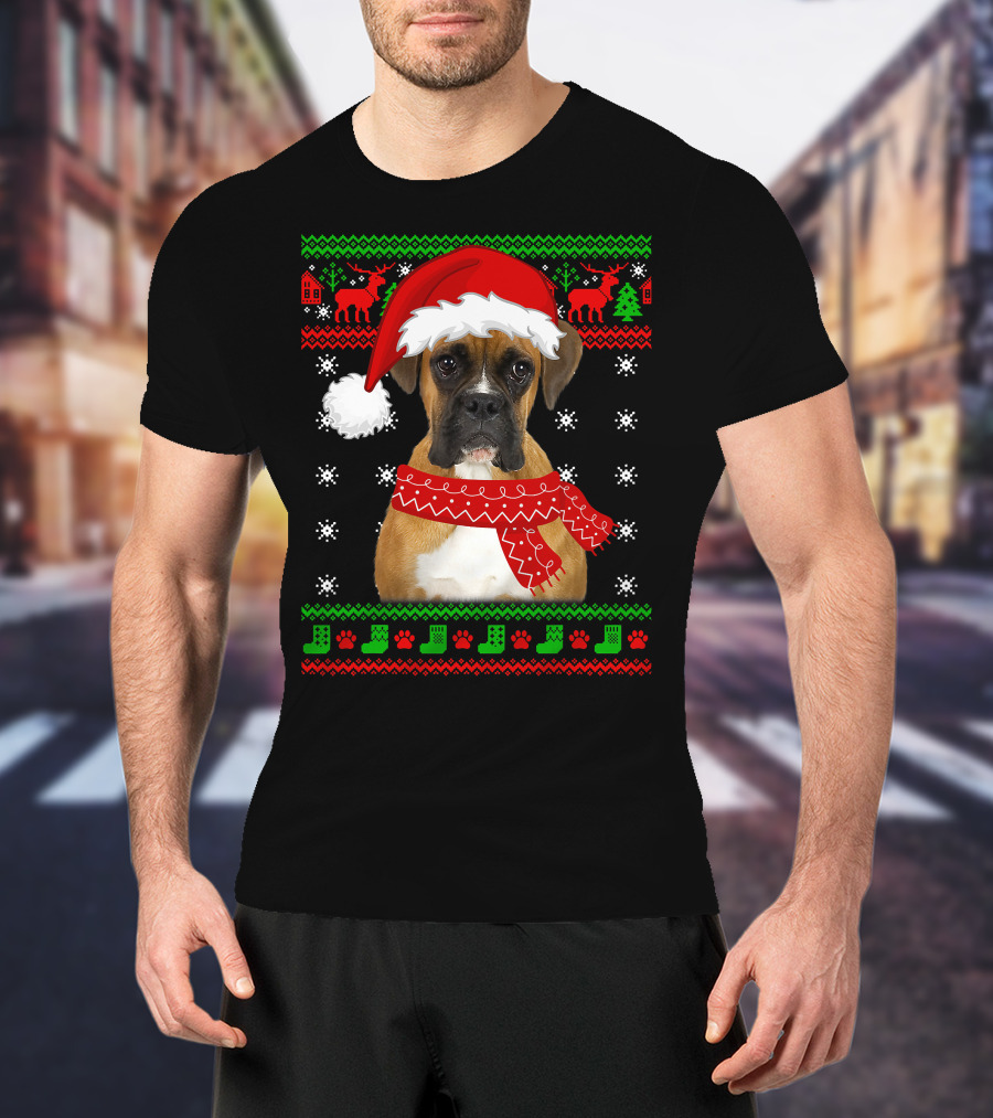 Boxer Dog Christmas Puppy Ugly Sweater Santa Hat Reindeer Snowflakes T-Shirt